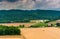 View of farm fields and distant mountains from a roadside overlook near Benton, Pennsylvania.