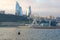 View of the Ferris wheel and the Flame Towers on a December cloudy day, Baku