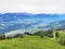 View of the fertile valley with settlemens between the Lakes Alpnachersee and Sarnersee from the Pilatus massif, Alpnach