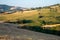 View of the fields near Tavullia at morning after the sunrise, Marche, Italy