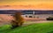 View of fields and rolling hills at sunset near Brogue, Pennsylvania.