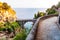 View on Fiordo di Furore arc bridge built between high rocky cliffs above the Tyrrhenian sea bay in Campania region. Curved