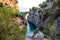 View on Fiordo di Furore arc bridge built between high rocky cliffs above the Tyrrhenian sea bay in Campania region. Unique cove