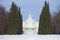 View of the fir-tree alley and `Sliding Hill` pavilion. Palace park of Oranienbaum. Russia