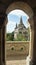 View of Fisherman`s Bastion from the arch, Castle hill in Buda, beautiful architecture, sunny day, Budapest, Hungary