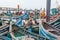 View of fishing blue boats in Morocco port. Agadir