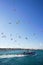 View of fishing boat returning to harbor