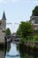 View on fishing harbor and old Dutch houses and tower in Zierikzee, historical town in Zeeland, Netherlands
