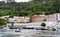 View of the fishing and recreation pier of the town called Pontedeume in Galicia, Spain from the other side of the Eume bay with