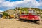 The view of a fishing vessel and equipment on the beach at Hastings, Sussex, UK