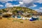 The view of fishing vessels and equipment on the beach at Hastings, Sussex, UK