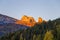 View of Five Towers Peaks Cinque Torri at sunrise from Falzarego pass in an autumn landscape in Dolomites, Italy.