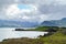 View of fjord and rain clouds