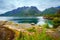 View of the fjord. Rocky seashore. Beautiful nature of Norway