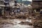 view of flash flood carrying debris through town, with people fleeing to safety