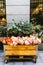 View of a florist small business kiosk displaying and selling a small selection of fresh flowers bouquets