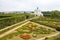 View of flower garden with round pavilion of Kromeriz