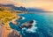 View from flying drone. Amazing spring sunset on Sicily, Isolidda Beach, San Vito cape, Italy, Europe. Fantastic evening seascape