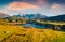 View from flying drone. Astonishing evening view of Wagenbruchsee Geroldsee lake with Westliche Karwendelspitze mountain range o