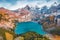 View from flying drone. Attractive autumn view of unique Oeschinensee Lake. Captivating morning scene of Swiss Alps with Bluemlisa