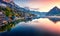 View from flying drone. Awesome sunrise on Grundlsee lake. Breathtaking morning view of Eastern Alps, Liezen District of Styria, A