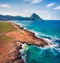 View from flying drone. Breathtaking spring scene of Monte Cofano National Park, Sicily, San Vito cape, Italy, Europe. Fantastic m