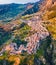 View from flying drone. Bright morning cityscape of Stilo town. View from flying drone. Amazing spring scene of Italy, Europe. Top