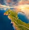 View from flying drone. Colorful summer view of Caccia cape. Aerial morning scene of Sardinia island, Italy, Europe. Fantastic  se