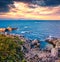 View from flying drone. Dramatic morning view of Pool Of Venus. Gorgeous spring scene of Milazzo peninsula. Great sunrise on Sicil