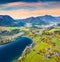 View from flying drone. Exciting morning scene of Grundlsee lake. Fantastic autumn view of Eastern Alps, Liezen District of Styria