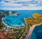 View from flying drone. Exotic spring view of Rondinara beach. Exciting morning seascape of Mediterranean sea. Attractive scene of