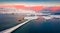 View from flying drone of Fredvang bridge. Fabulous sunrise on Lofoten Islands agchipelago.