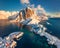 View from flying drone of Hamnoy port with Festhaeltinden mount on background, Norway, Europe.