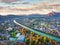 View from flying drone. Magnificent morning cityscape of Salzburg, Old City. Fantastic autumn sunrise on Eastern Alps. Aerial land