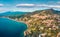 View from flying drone. Marvelous morning view of Taormina town and Etna volcano on background. Incredible spring seascape of Medi