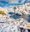 View from flying drone of Nusfjord town, Norway, Europe.