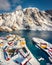 View from flying drone of Nusfjord town, Norway, Europe. Amazing winter landscape of Lofoten Islands.