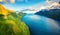 View from flying drone. Picturesque summer view of Kalsoy island. Attractive morning scene of Faroe Islands, Kingdom of Denmark, E