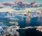 View from flying drone of Sakrisoy villege. Breathtaking morning scene of Lofoten Islands.