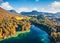 View from flying drone. Splendid autumn view of Hintersee lake, Germany, Europe. Aerial morning view of Bavarian Alps. Beauty of n