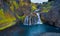 View from flying drone of Stjornarfoss waterfall. Breathtaking summer scene of Iceland, Europe. Beauty of nature concept backgroun