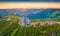 View from flying drone of strange shapes stone on the Vuhatiy Kamin` mountain range.