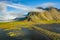 View from flying drone. Stunning scene of Stokksnes cape with Vestrahorn on background. Panoramic Icelandic view of