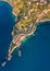 View from flying drone. Top down view of Taormina town. Aerial spring seascape of Mediterranean sea, Sicily, Itale, Europe.Traveli