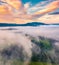 View from flying drone. Unbelievable morning scene of Carpathian mountains.