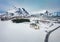 View from flying drone of Valberg village with Blaheia and Dalstinden peaks on background, Norway,