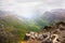 View on foggy Geiranger village from Dalsnibba viewpoint, Norway