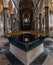 View of the font by William Pye and the central nave of the historic Salisbury Cathedral