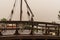 View of the foredeck of the historic Nina sailing ship with traditional rope rigging and wooden mast