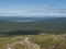 View on forest and milky green Laitaure, Lajtavrre lake from Kungsleden hiking trail in Sarek national park, Sweden